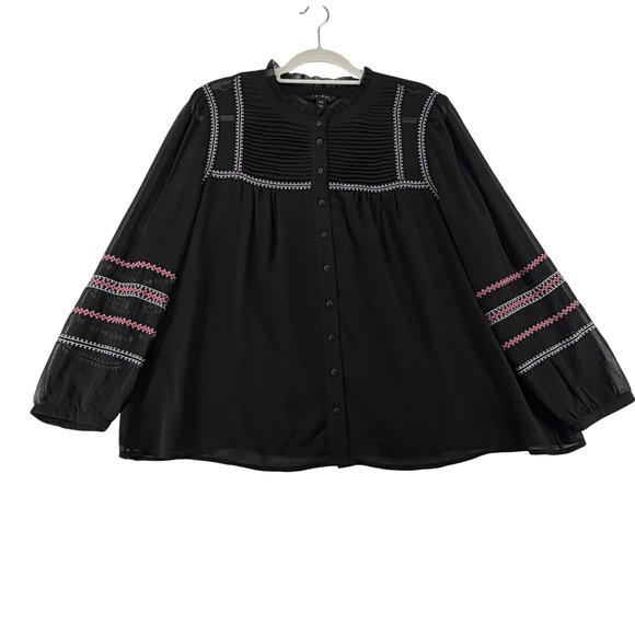 Tribal Tops - Tribal Embroidered Pintuck Peasant Blouse Semi Sheer Womens X-Large Black Boho